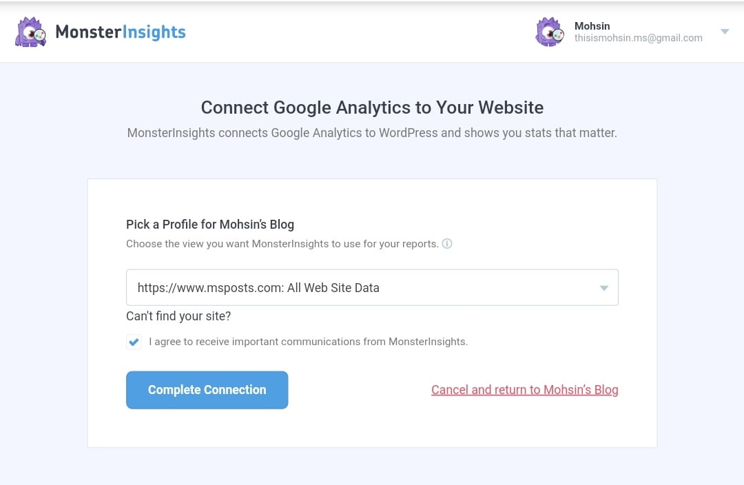 Choose the view you MonsterInsights to use Choose the view you MonsterInsights to use