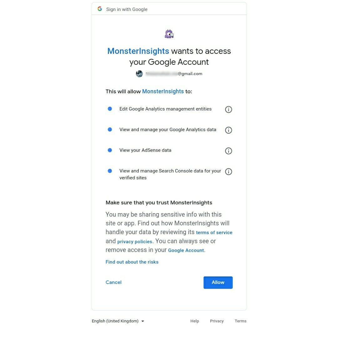 MonsterInsights Choose Google account MonsterInsights Choose Google account