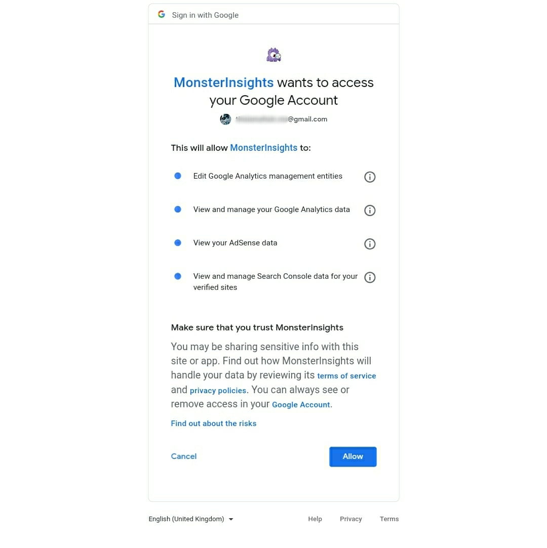 MonsterInsights Choose Google account