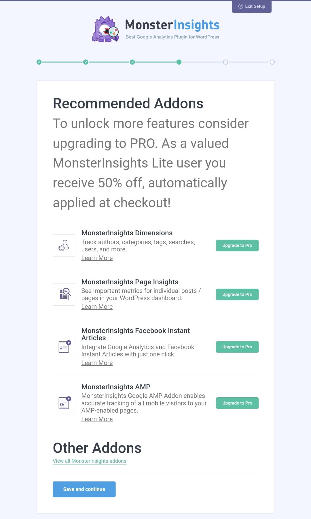 MonsterInsights recommend addons