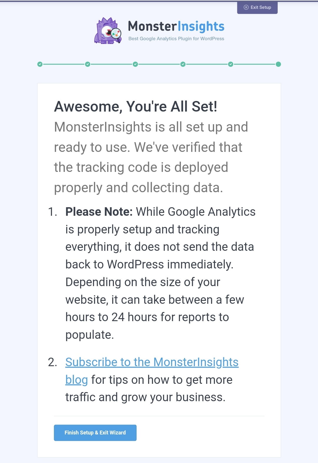 MonsterInsights setup done MonsterInsights setup done