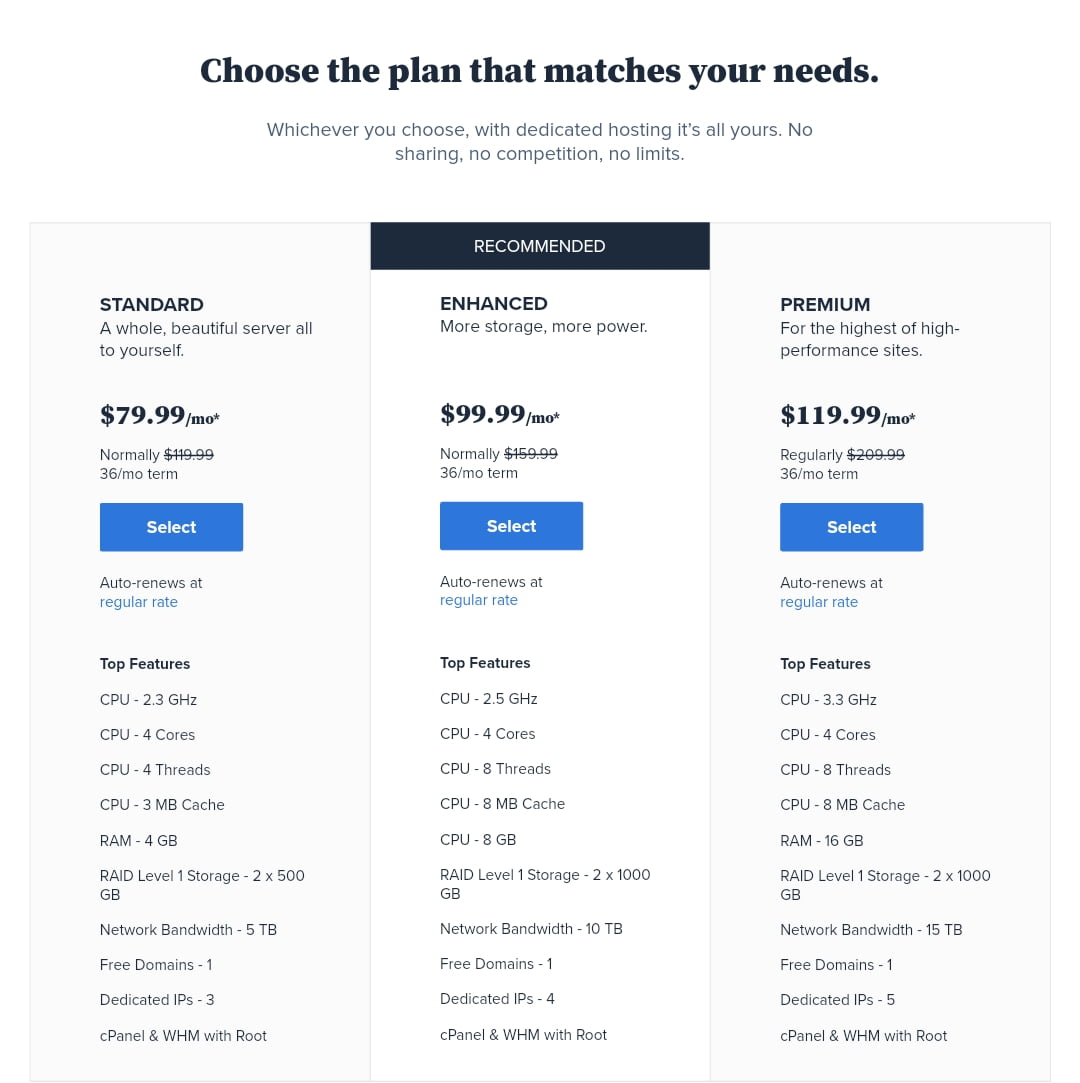 Bluehost Dedicated Hosting Plans