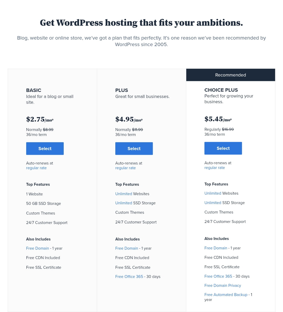 Bluehost WordPress hosting plans