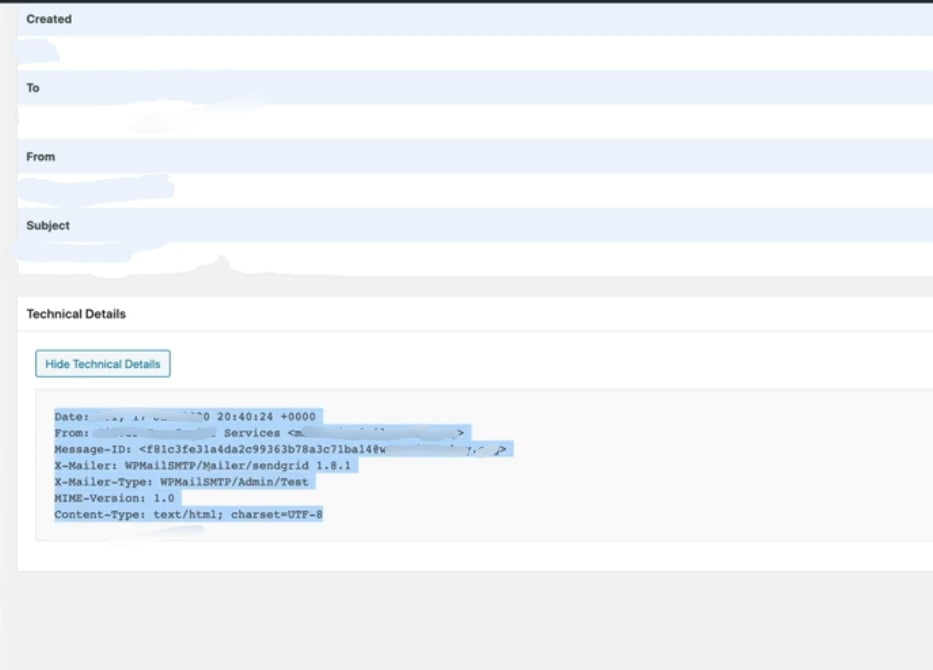 WP Mail SMTP Email log technical details